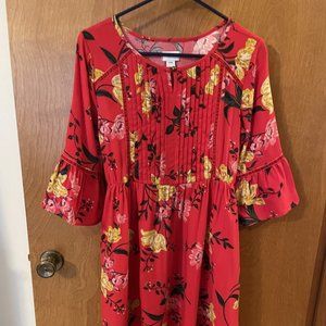 Old Navy Youth Girls 3/4 Bell Sleeve Pleated Red Floral Dress, Size XL (14) EUC